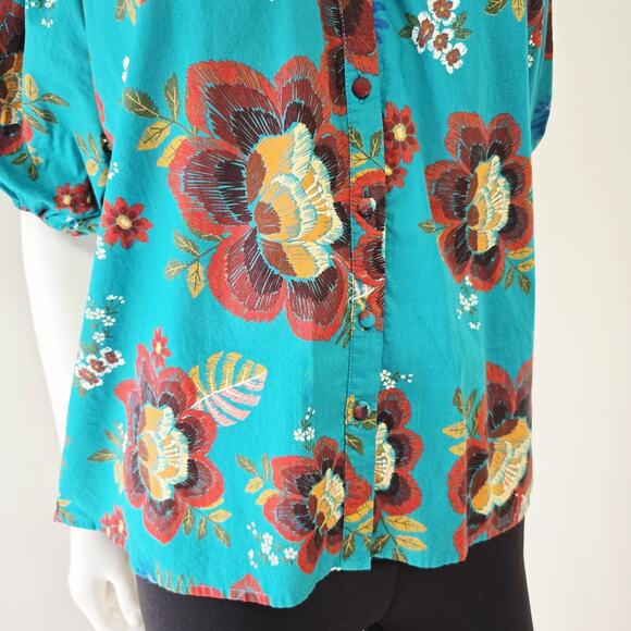 Farm Rio Anthropologie Giustina Top S Blue Short Sleeve Floral Lace Button Down - Picture 4 of 7